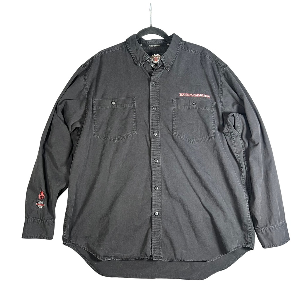 Harley-Davidson Mens XL Black Cotton Long Sleeve Button Down Embroidered Shirt